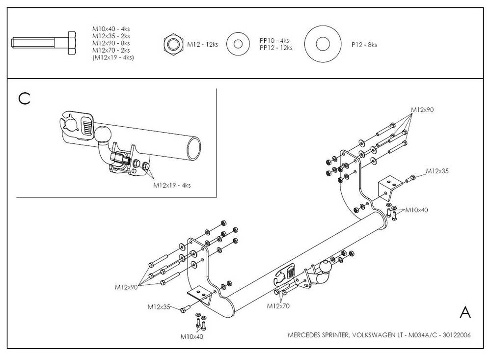 GALIA - Фаркоп оцинкованный Mercedes Sprinter Classic 2013-, Mercedes Sprinter 1995-2006, Volkswagen LT 1995-2006 без ступеньки LWB условно-съемное крепление 