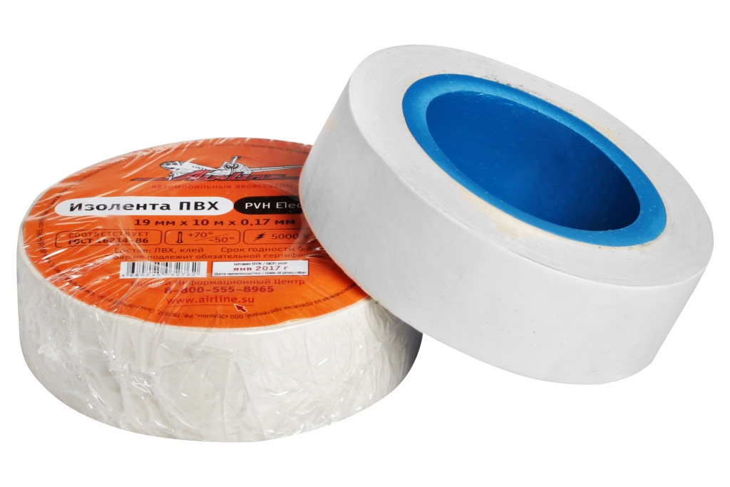 AIRLINE - Изолента ПВХ, белая, 19 мм*10 м