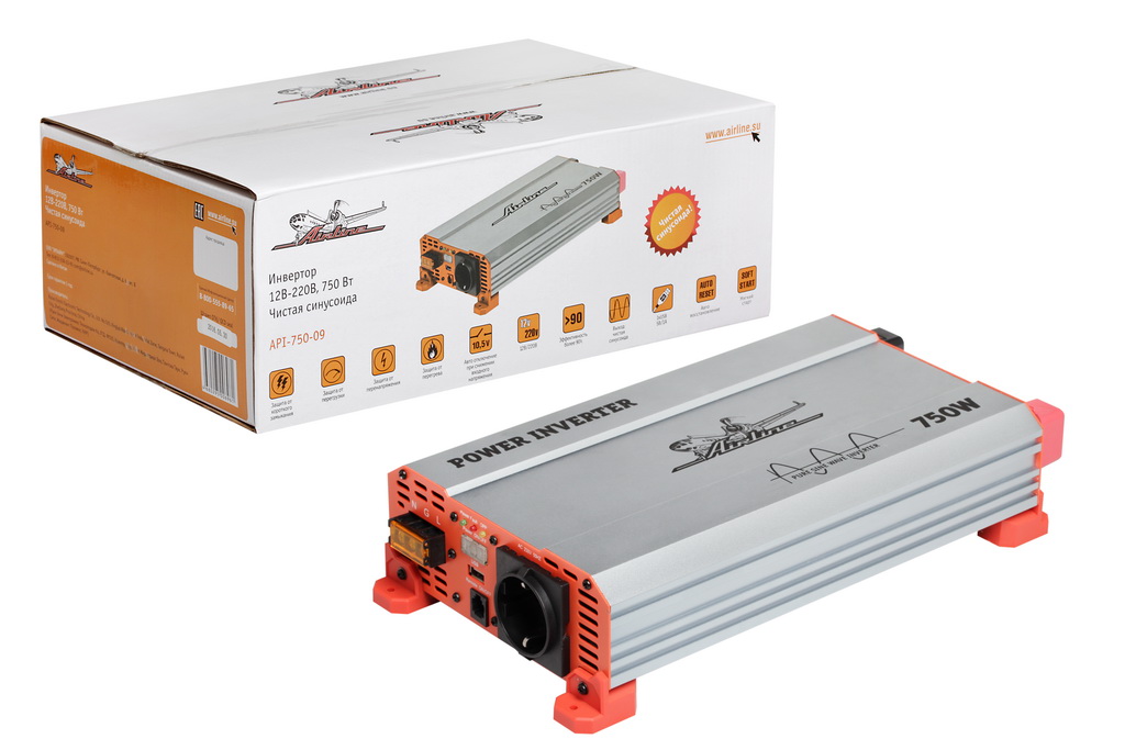 AIRLINE - Инвертор 12В-220В, 750 Вт чистый синус (API-750-09)