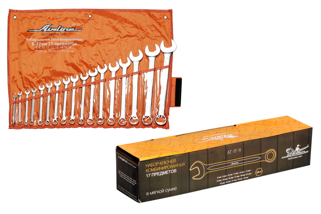 AIRLINE - Набор ключей комбинированных 17 предметов (8,9,10,11,12,13,14,15,16,17,19,21,22,24,27,30,32мм) сумка