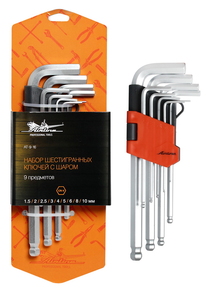 AIRLINE - Набор шестигранных ключей с шаром 9 предметов (1.5,2,2.5,3,4,5,6,8,10мм) пласт.подвес (AT-9-16)
