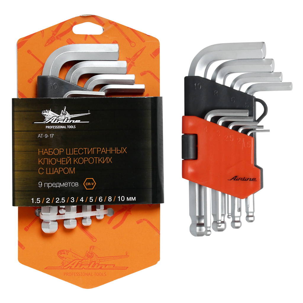 AIRLINE - Набор шестигранных ключей коротких с шаром 9 предметов (1.5,2,2.5,3,4,5,6,8,10мм) пласт.подвес (AT-9-17)