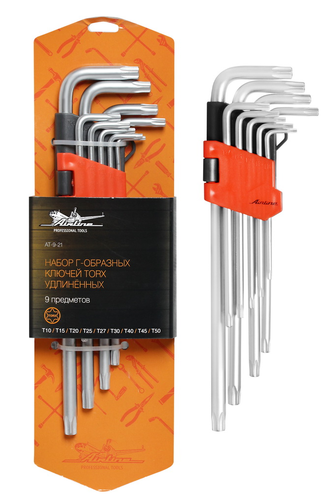 AIRLINE - Набор Г-образных ключей TORX с отв. удлинённых 9 предметов (Т10, Т15, Т20, Т25, Т27, Т30, Т40, Т45, Т50) пласт.подвес (AT-9-21)