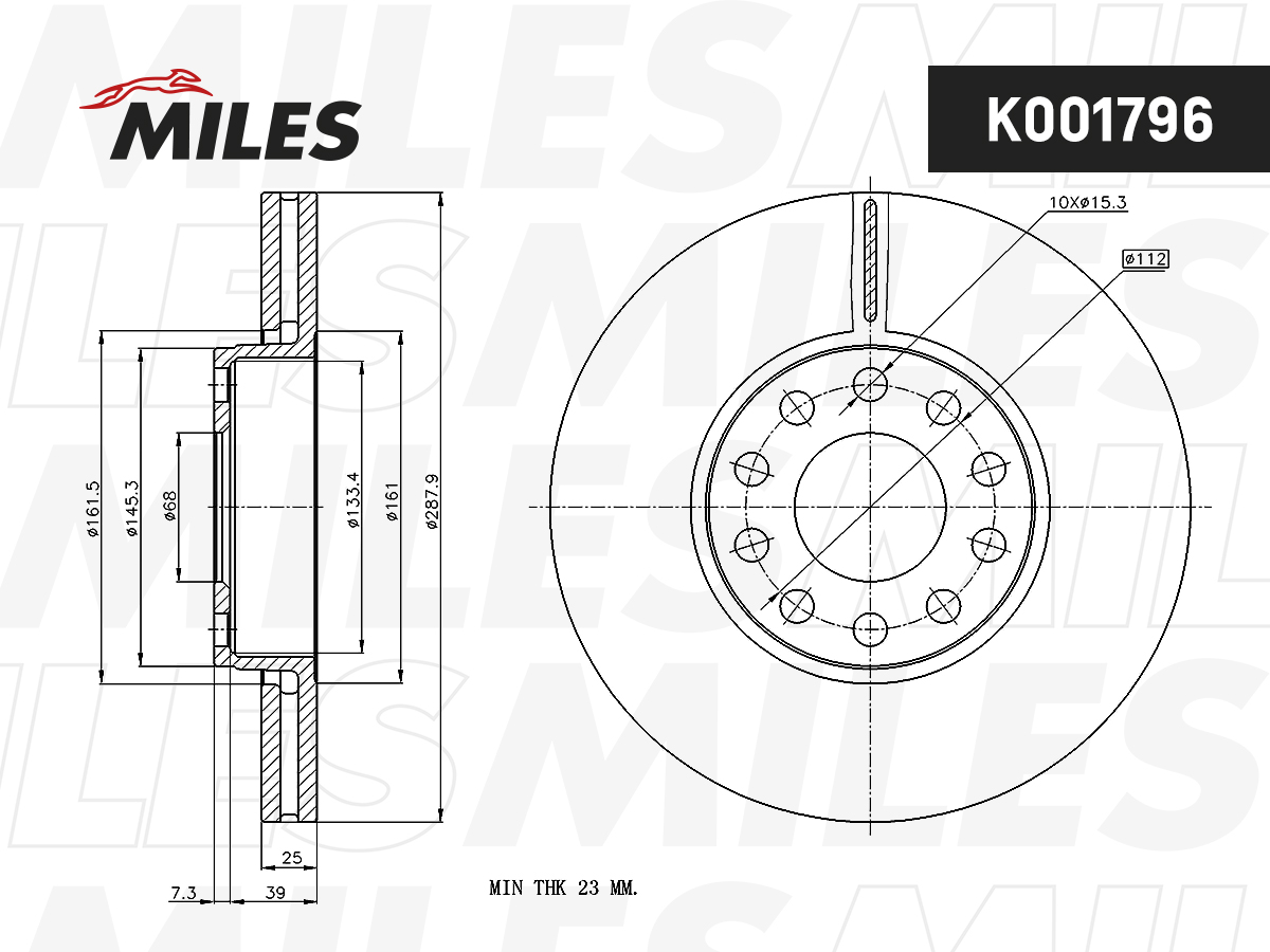 MILES - Диск тормозной SKODA SUPERB 02-08/VW PASSAT 00-05 передний вент.D 288мм.