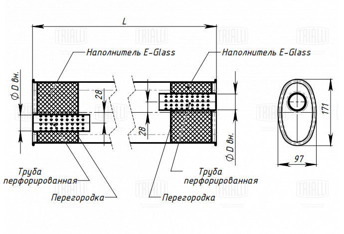 TRIALLI - Глушитель универс. (овальный) 97х171, L=330, d=42, смещ. 28 мм (алюм. сталь) (EMM 3511)