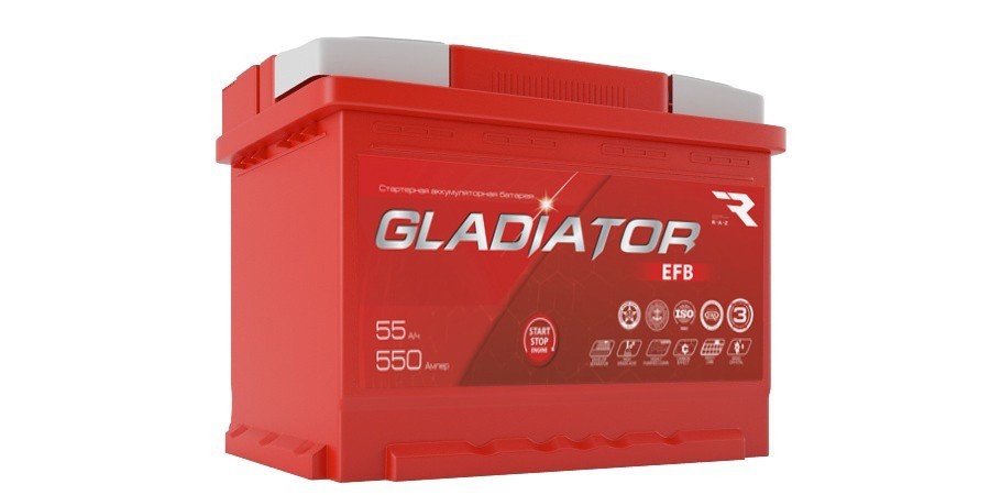 GLADIATOR - АКБ Gladiator EFB 55 А/ч, пусковой ток 550 А, обратной полярности, тип вывода конус. 242х175х190
