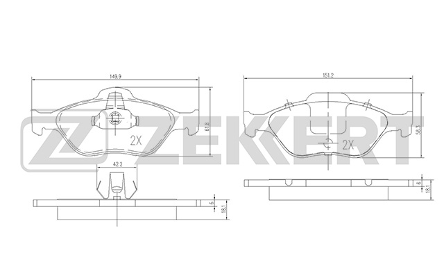 ZEKKERT - Колодки торм. диск. передн. Ford Fiesta V-VI 99-, Fusion 02-, Ka 01-, Street Ka 03-, Puma 97-, Mazda 121 III 00-, 2 03-